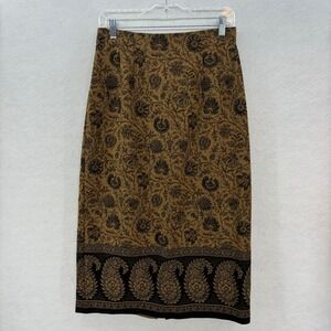 BRIGGS Petite Brown Floral Paisley Print Midi Skirt Women's Size 10P Indie Boho